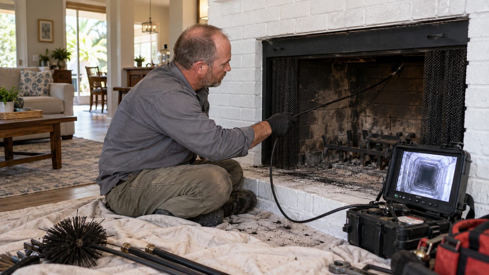 Technician running a camera inspection from the fireplace