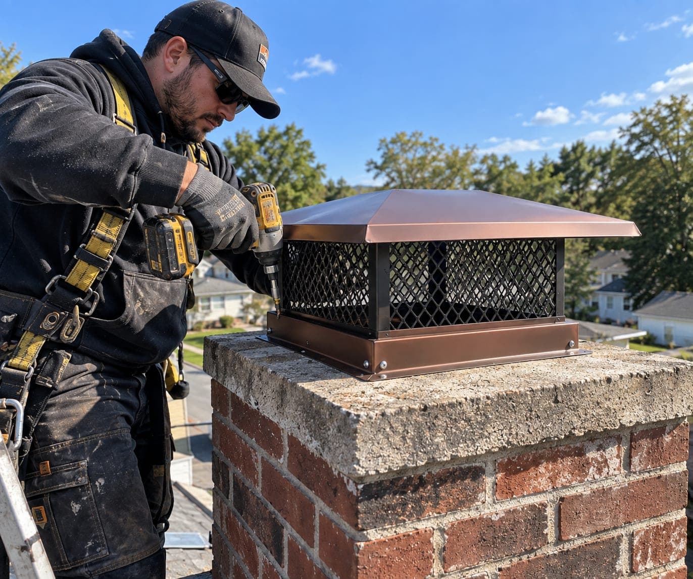 Technician fastening a copper chimney cap
