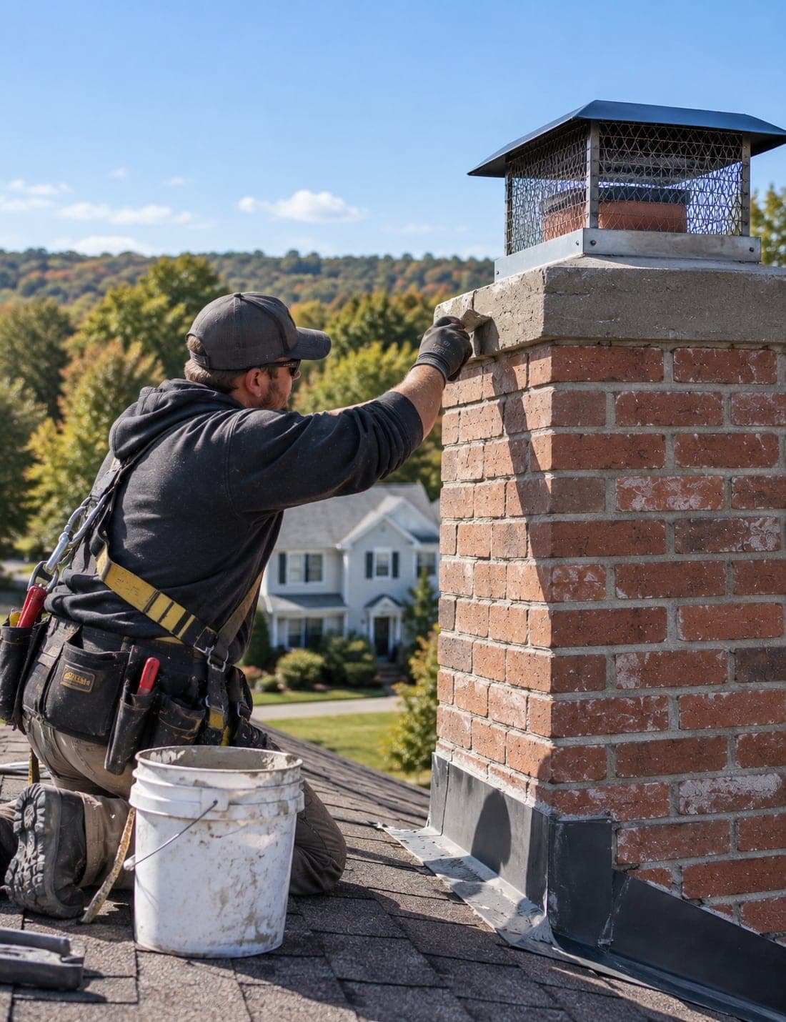 Technician finishing a chimney crown