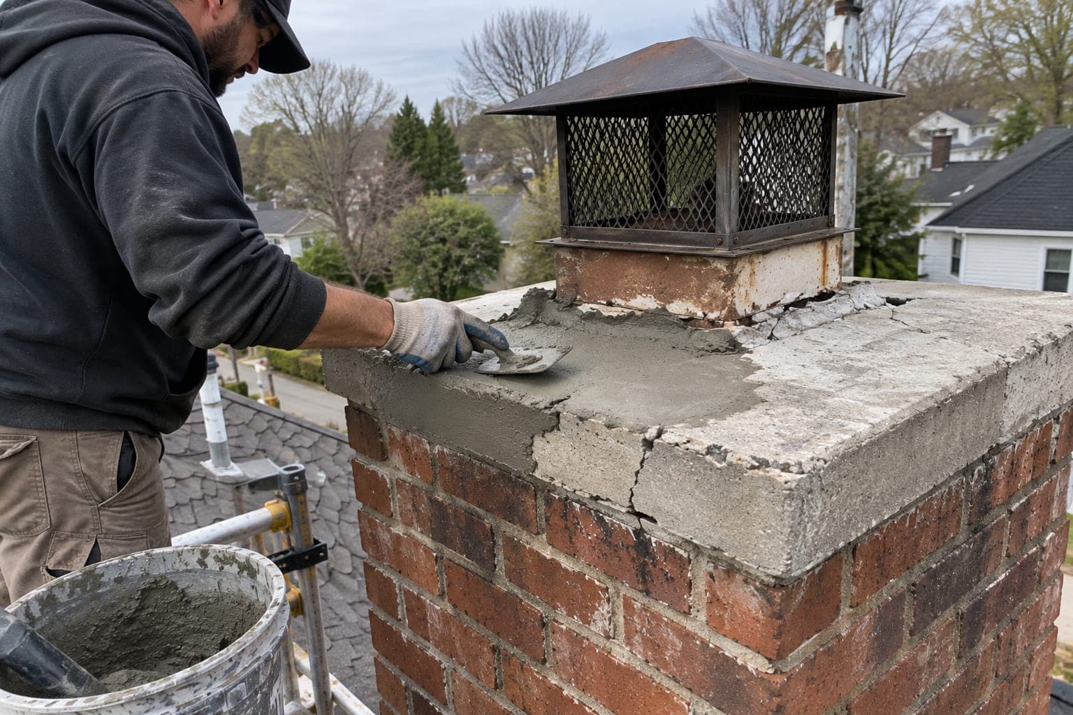 Technician troweling a cracked chimney crown
