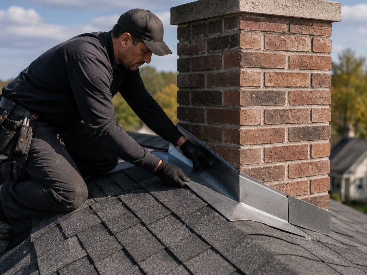Technician fitting step flashing to a brick chimney