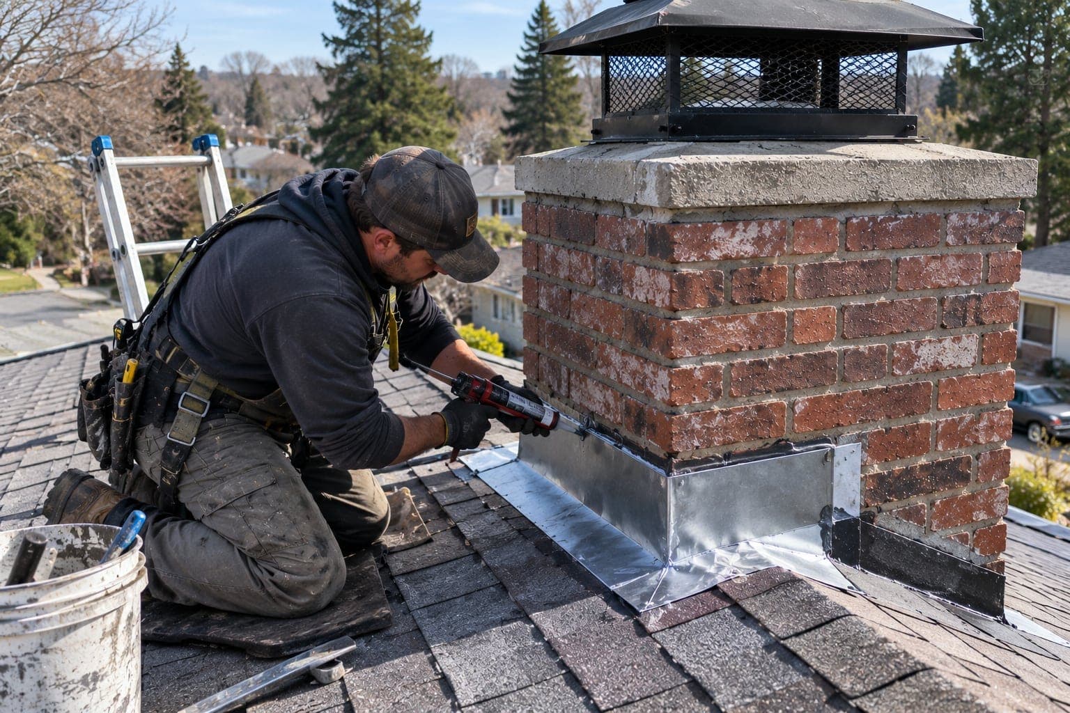 Technician sealing new flashing at a chimney base