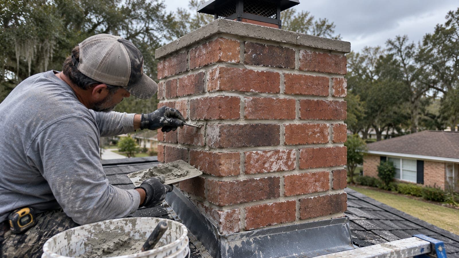 Technician repointing a brick chimney