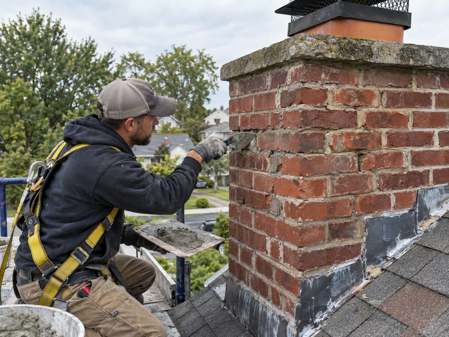 Technician repointing mortar joints on a chimney