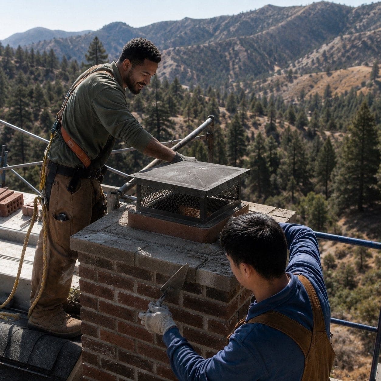 Two technicians repairing a chimney top