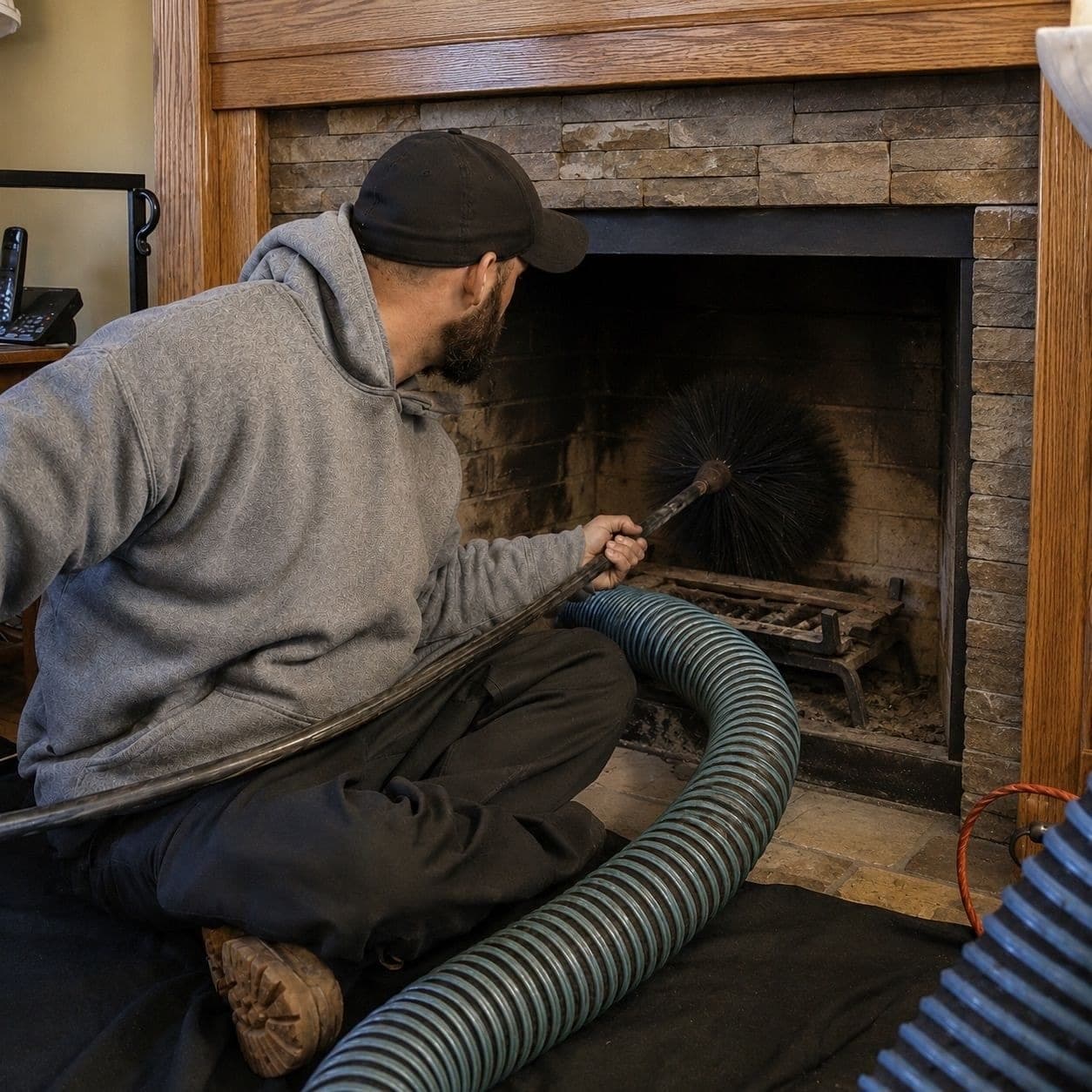 Technician sweeping a fireplace with a rotary brush