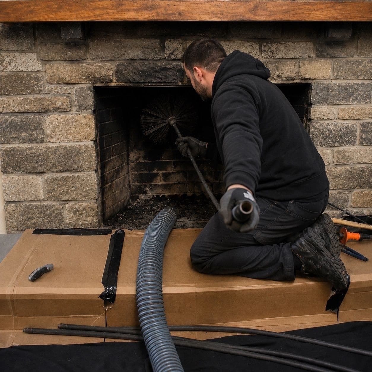 Technician sweeping from the firebox over drop cloths