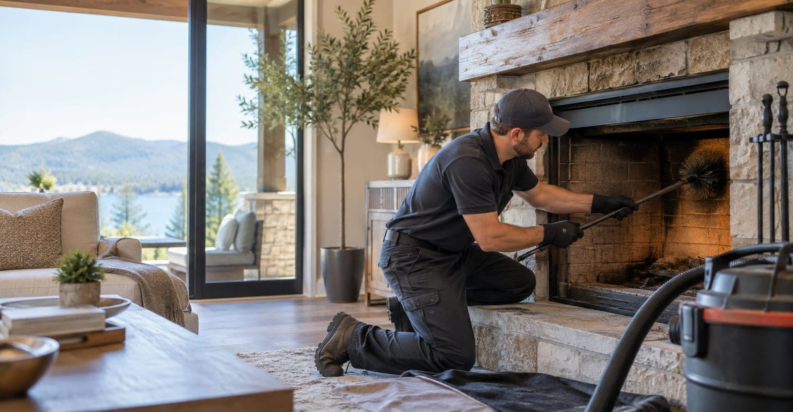 Technician sweeping a stone fireplace in a lake-view living room