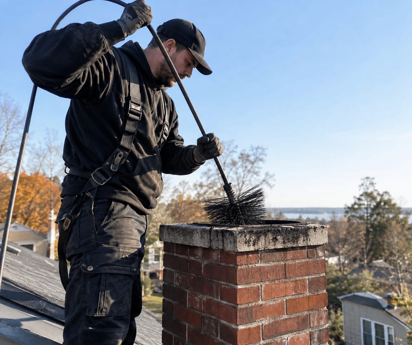 Technician sweeping the flue from the roof with rods and a brush