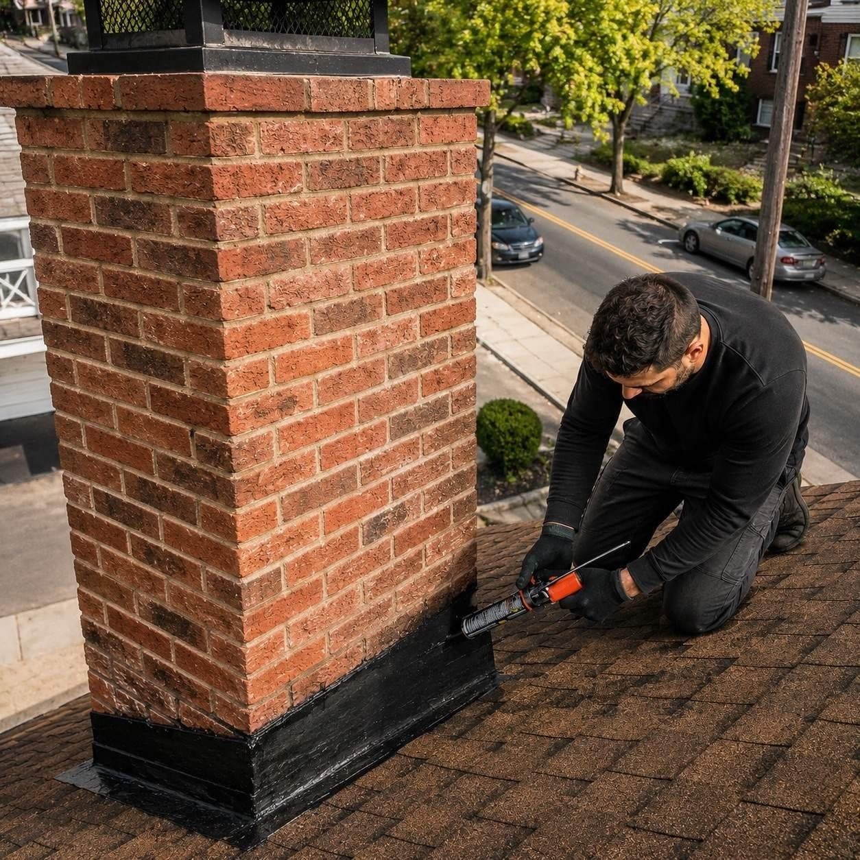 Technician sealing a waterproof membrane at the chimney base