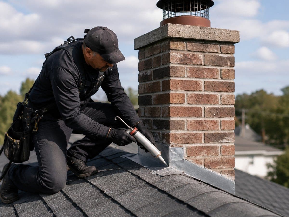 Technician sealing chimney flashing with caulk