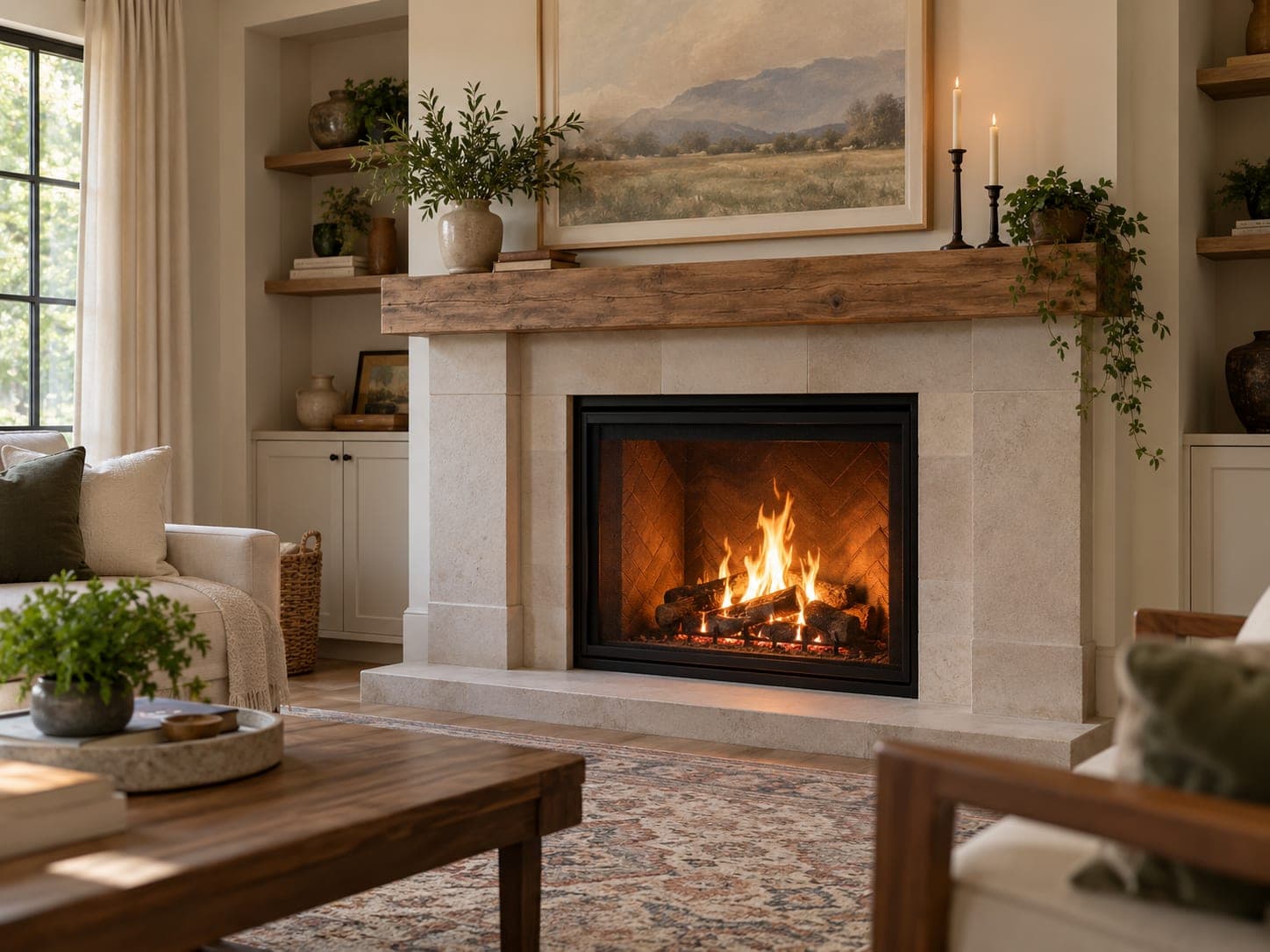 Lit fireplace in a bright living room