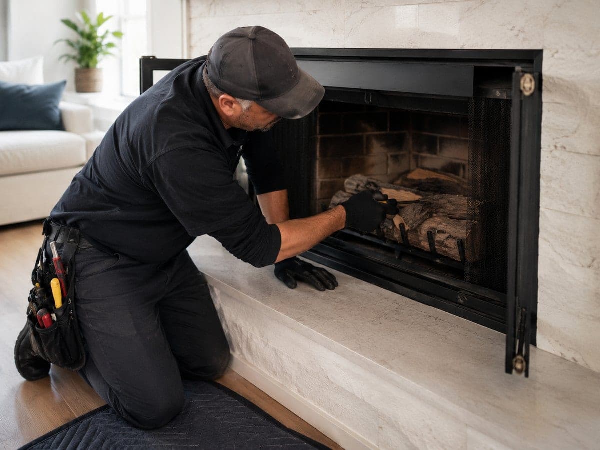 Technician working at a wood fireplace with glass doors