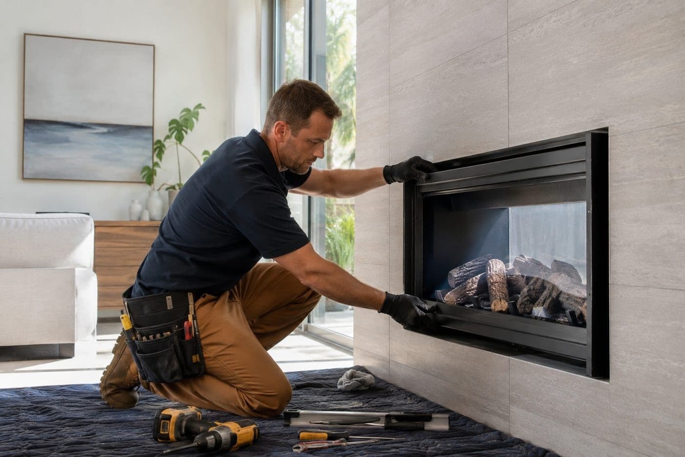 Technician fitting a linear gas fireplace