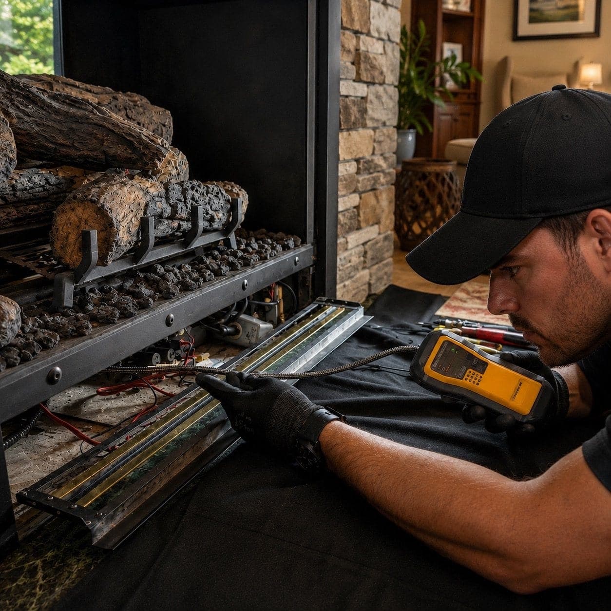 Technician testing gas fireplace controls with a meter