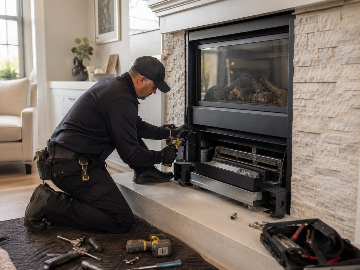 Technician servicing a gas fireplace burner